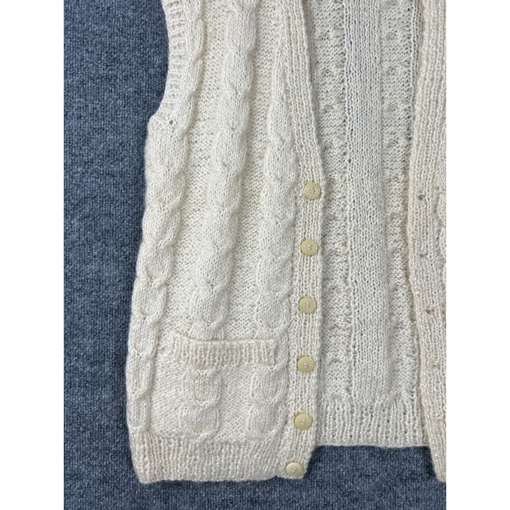 Vintage Hand Knit Vest Cable Stitch Cardigan Cream Off-White Mens XL Button - Picture 3 of 6